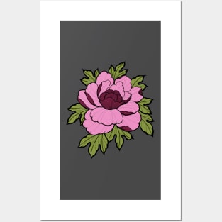 Peony flower tattoo style in colour Posters and Art